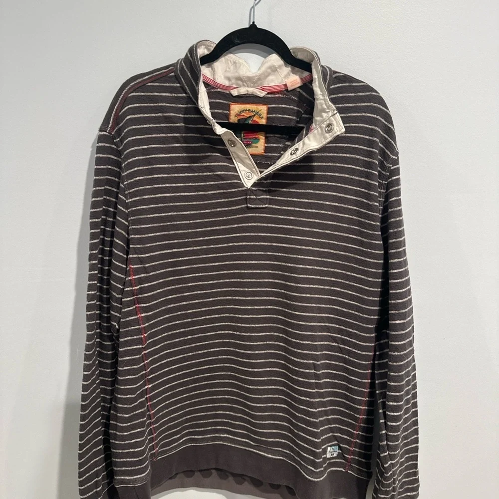 Tommy Bahama Relax Men’s Large Brown Striped Cotton Pullover Quarter Button 🌴🤎